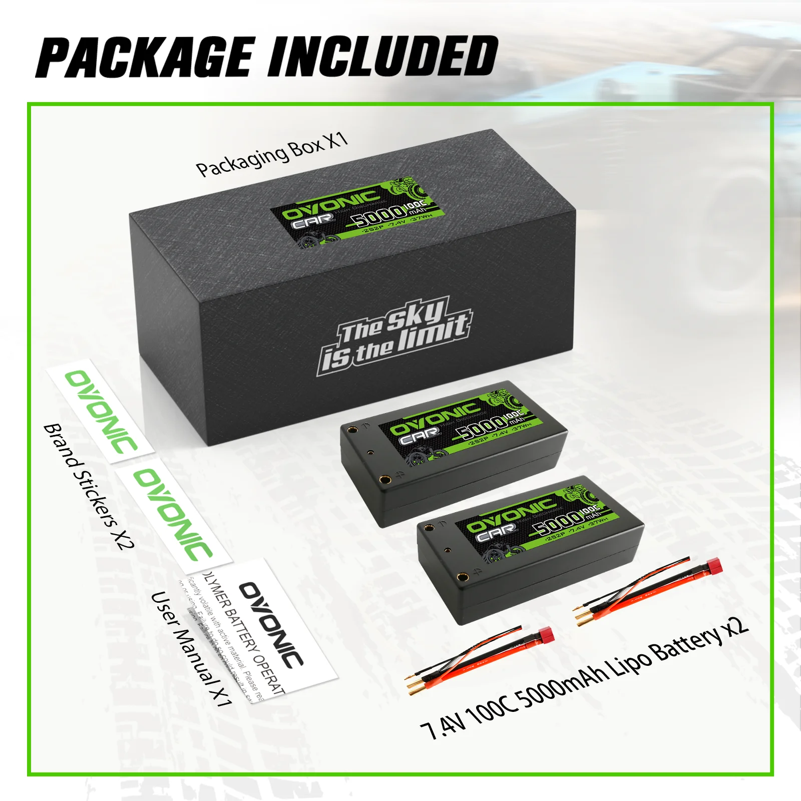 OVONIC Lipo-Akku 5000 mAh 100 C 7,4 V 2S RC mit Dean-Style T-Anschluss für RC-Flugzeug DJI Quadcopter RC-Flugzeug (2 Stück).