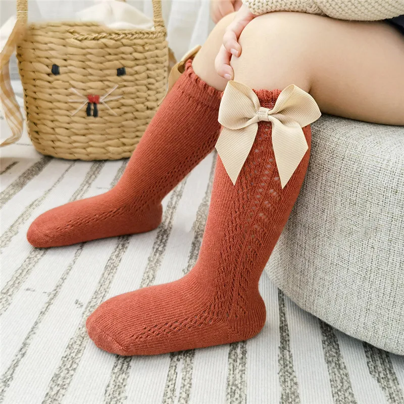 Sommer Kinder Kniehohe Socken Baby Mädchen Jungen Bogen Lange Socke Weiche Baumwolle Mesh Atmungsaktive Kinder Aushöhlen Socken Für 0-6 jahre
