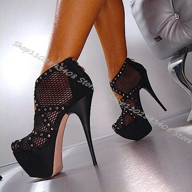 

Black Hollow Rivet Decor Pumps Platform Back Zipper Stiletto Heels Shoes Autumn Fashion Party Women Pumps Zapatos Para Mujere