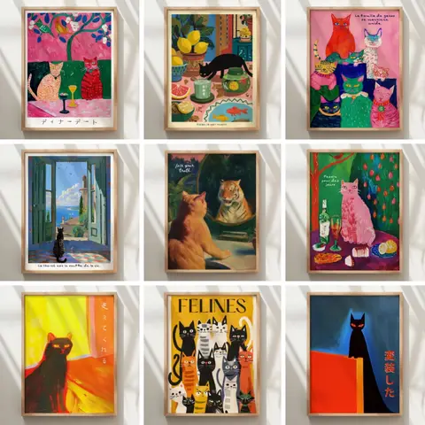 Bilashmart Colorful Cat Family Art Print Black Sleeping Cats Posters and Picture Canvas Painting Wall Art Home Decor Print Mural Cuadros