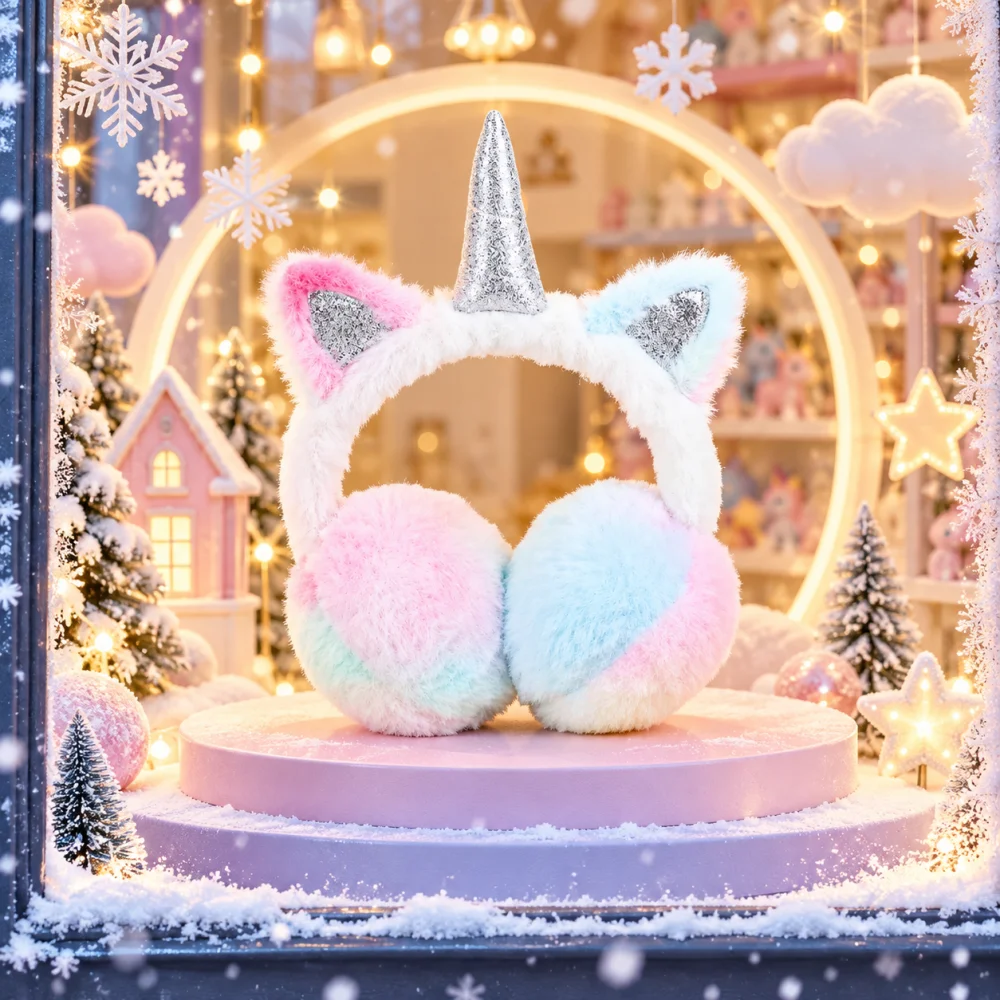 Pastel Unicorn Horn Earmuffs Ear Muffs for Kids Girls Children Plush Cat Ear Headband Glitter Winter Outdoor Fashion Gift