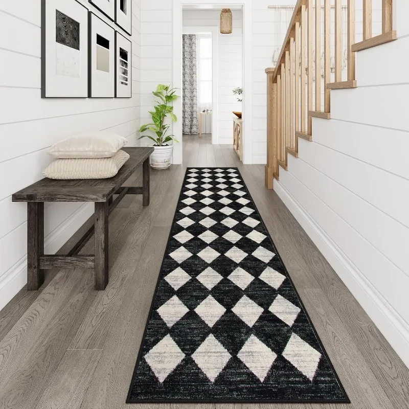 Checkered Washable Rug Runners for Hallways Non Slip,Black Kitchen Bathroom Runner Rug,Trellis Low Pile Indoor Carpet Runner