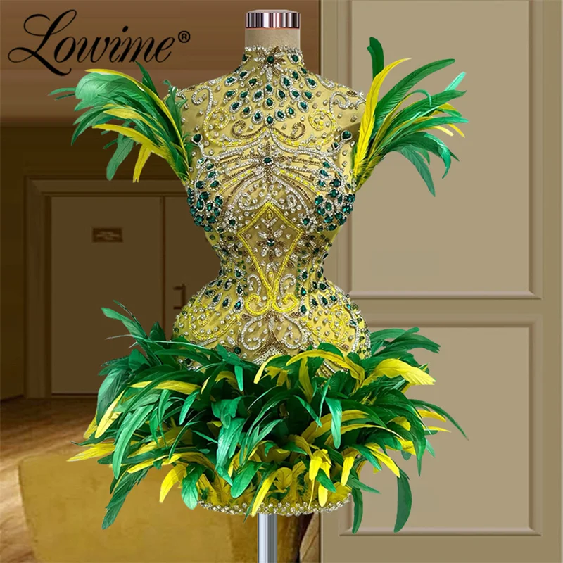 

Lowime Luxury Heavy Crystals Beading Feather Cocktail Dresses Women Party Dress 2023 Short Graduation Homecoming Dresses Robes