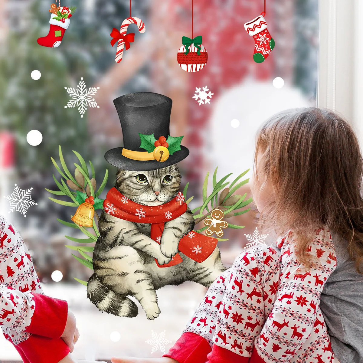 

30*35cm Christmas Naughty Kitten Glass Window Wall Sticker Glass Sticker Christmas Atmosphere Decorative Wall Sticker Ct3028