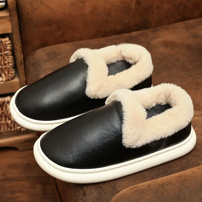 

2025 New Men's Winter Slippers Premium PU Leather Thick Sole Indoor Outdoor Non Slip Waterproof Warmth Cotton Shoes for Home