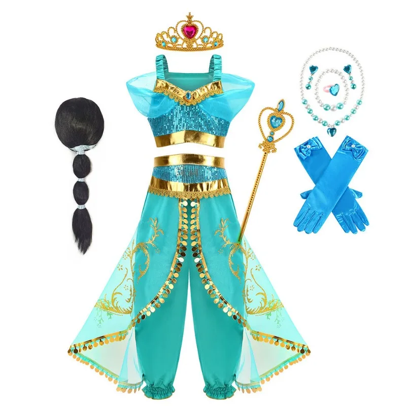 Vestido de princesa de Disney para niñas, disfraces de Cosplay de jazmín, película de Anime, Tops de hadas, conjunto de pantalones, regalos de Navidad para niñas