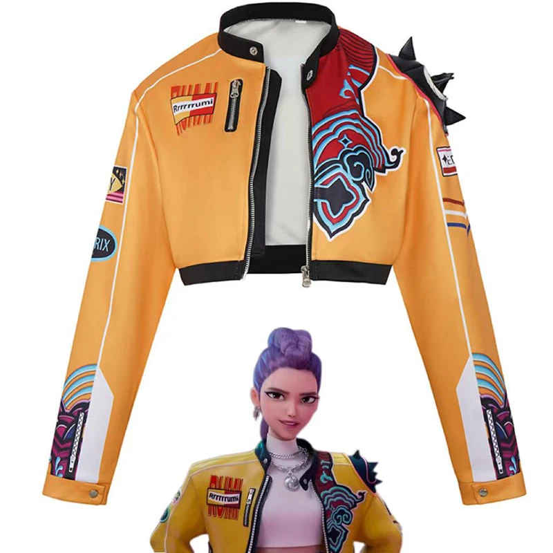 

Anime Rumi Cosplay Jacket Short Girls Printed Demon Hunters Rumi Zipper Coat Fashion Adult Children Party Halloween Stage Outfit