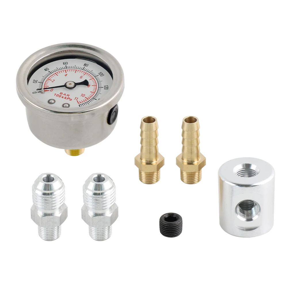 1/8 NPT Fuel Pressure Gauge 0-160 psi Liquid Filled Fuel Pressure Regulator Kit with Gauge Adapter 6AN 8mm Hose Fittings