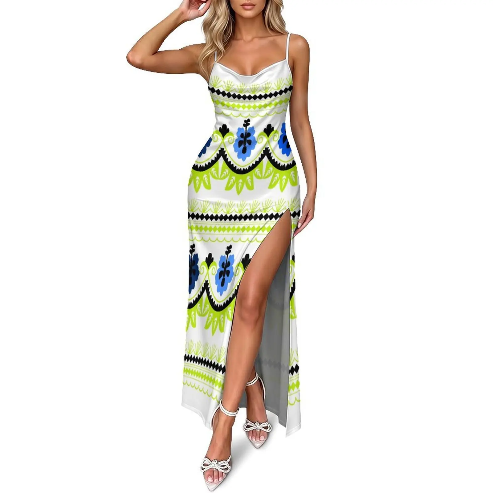 Polynesian Lady'S Summer Customizable Pattern Sexy V-Neck Fitted Dress That Accentuates The Figure With A Slit At The Back