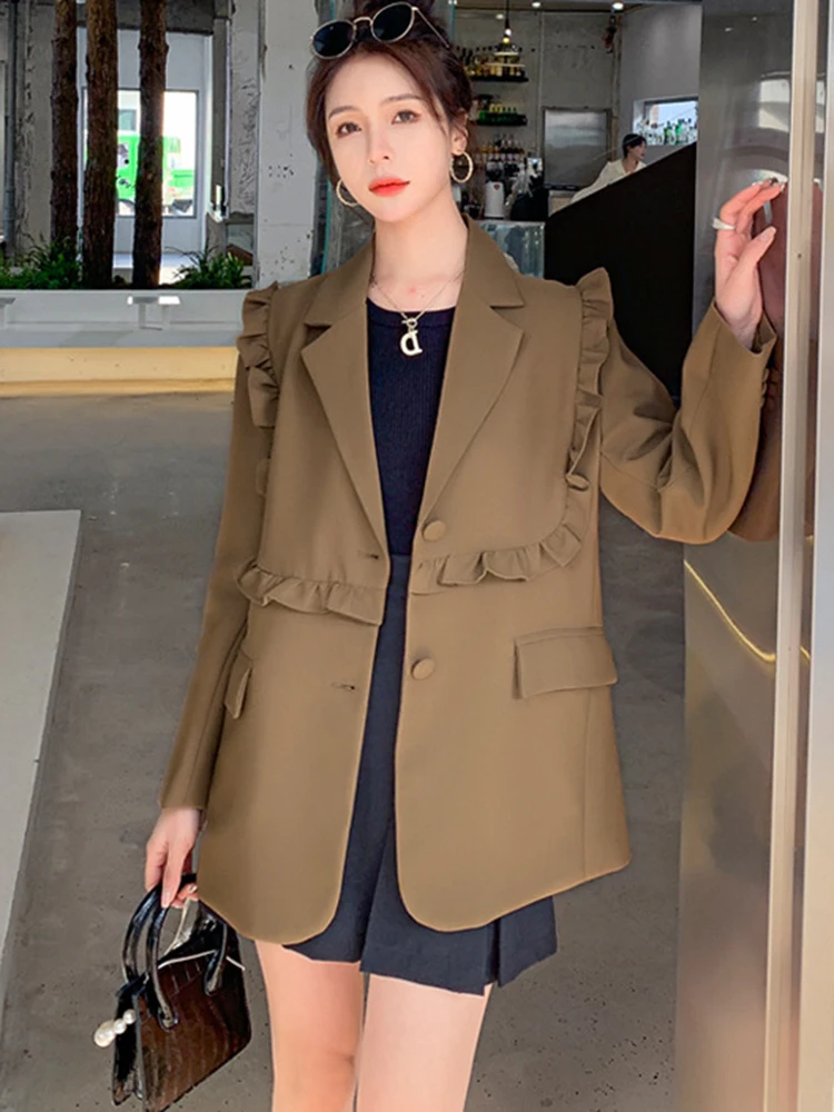 LANMREM Blazers For Women 2023 Long Sleeves Ruffles Single Breasted Solid Color Niche Coats Korean Style Trendy Clothing 2DA1669