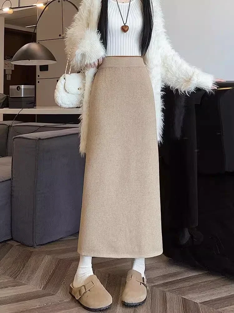 Fleece-lined Thickened Creamy-white Knitted Skirt Women's Autumn and Winter High Waist Slimming Straight Split A Word ZL816