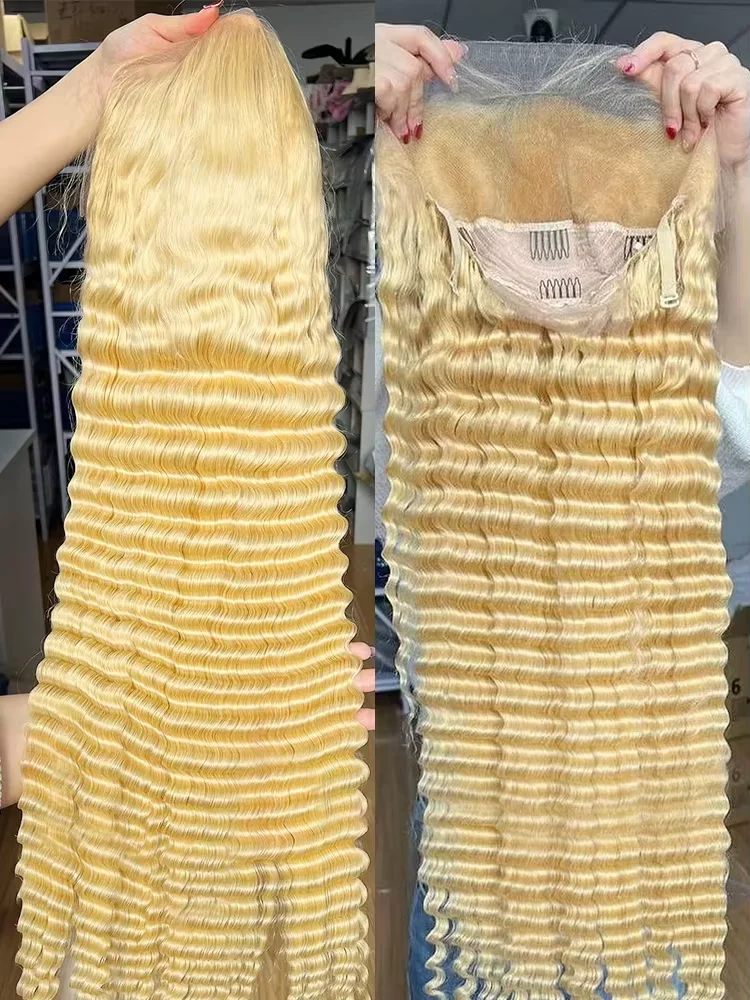 Perucas Loiras 613 com Renda Frontal 13x6 HD, Pré-Prontas, 40 Polegadas, Cabelo Humano Cacheado Ondulado Profundo, 100% para Mulheres Negras, Densidade 250