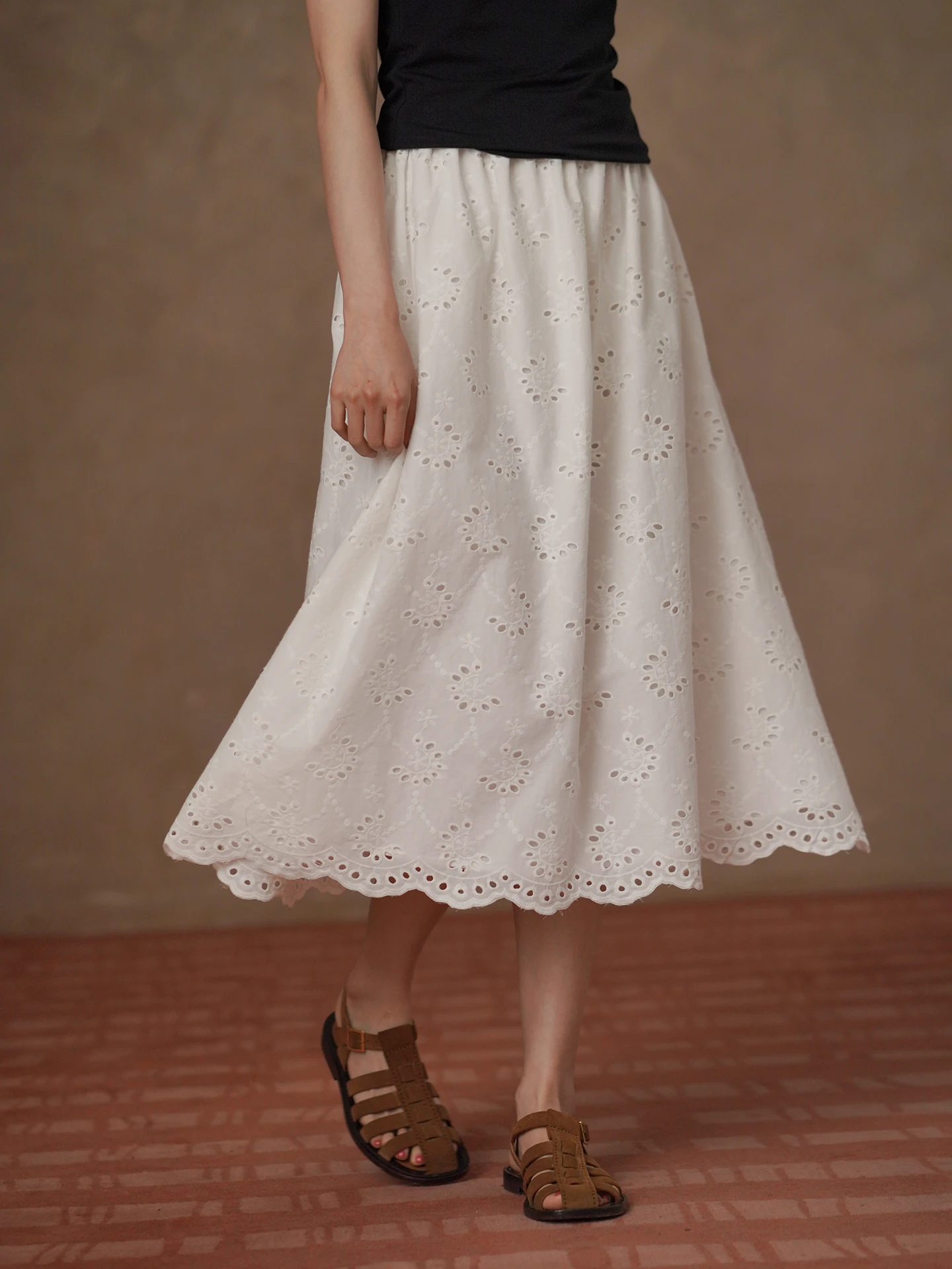 Slimming Embroidered Hollow out A-Line Skirt High Waist City Walk Business Casual Cotton Standard Fit Young Women's Skirt