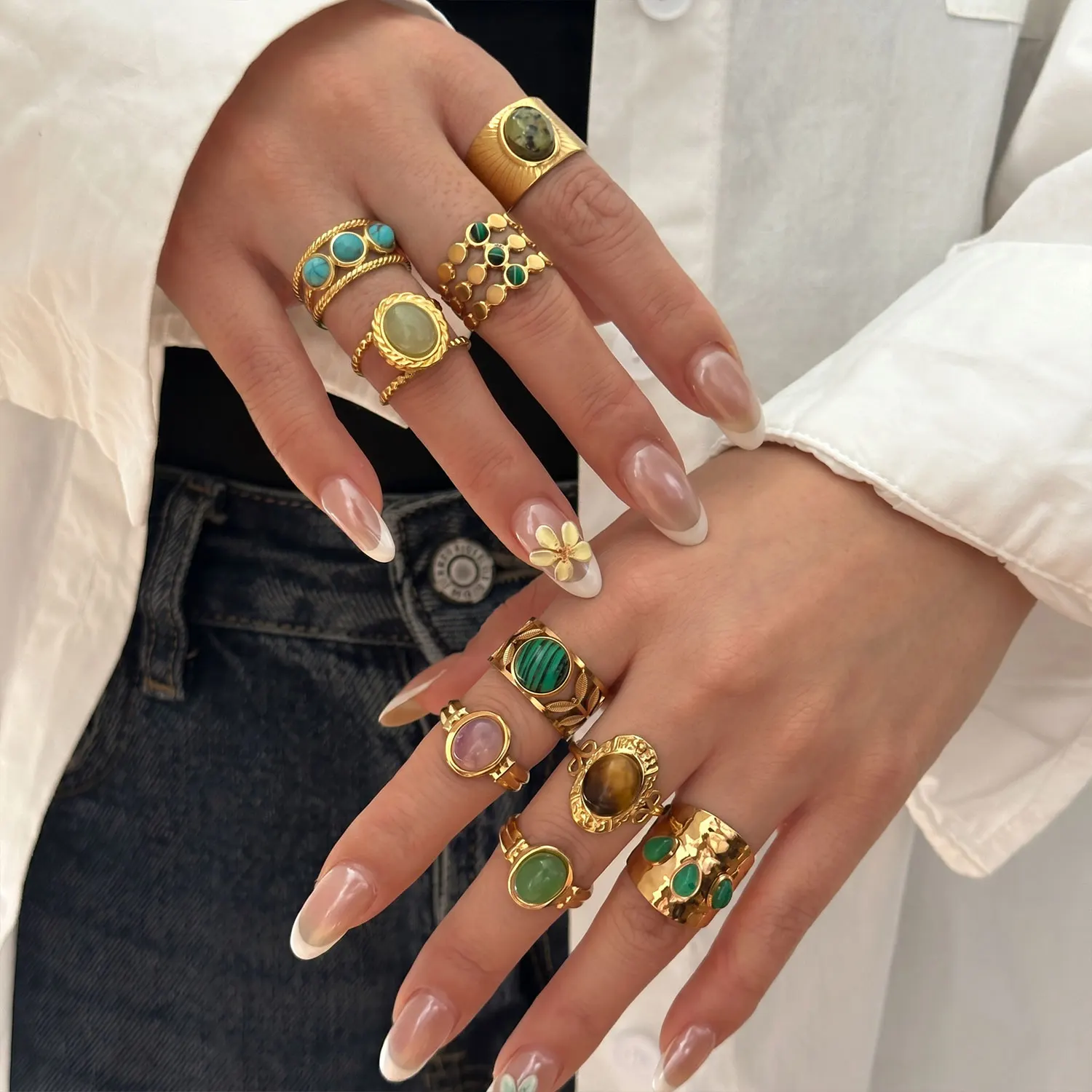 Fashion Stainless Steel Natural Stone Green Turquoise Malachite Ring For Women Bohemian Stylish Party Vacation Jewelry Gift