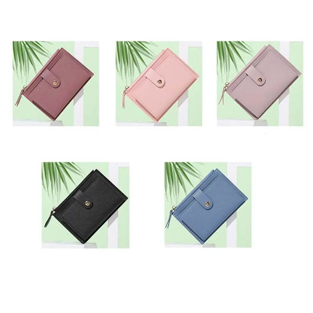 Portatarjetas de identificación con broche y cremallera para mujer, carteras cortas de cuero PU, portatarjetas múltiple, monedero para mujer, Mini carteras con broche