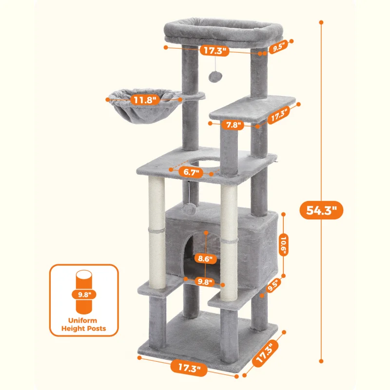 

Cat Tree With Top Perch, Cat Tower With Plush Hammock, Cat Shelves And Dangling Pompom, Cat Scratching Posts And 2 Condos Houses