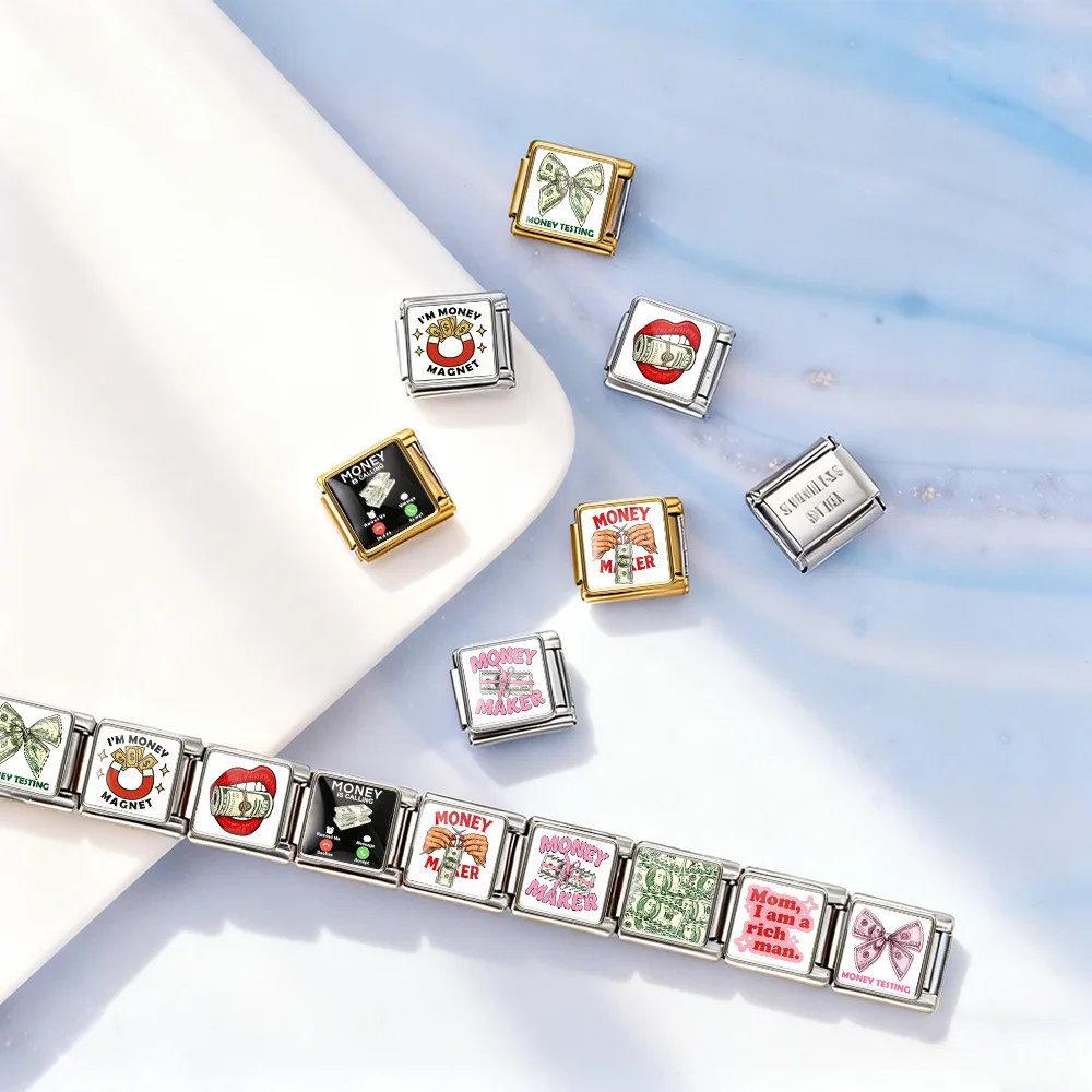 Fit 9mm Italian Charm Bracelet Modular Links Money Magnet Wealth Theme Stainless Steel Charms Personalized DIY Making Jewelry