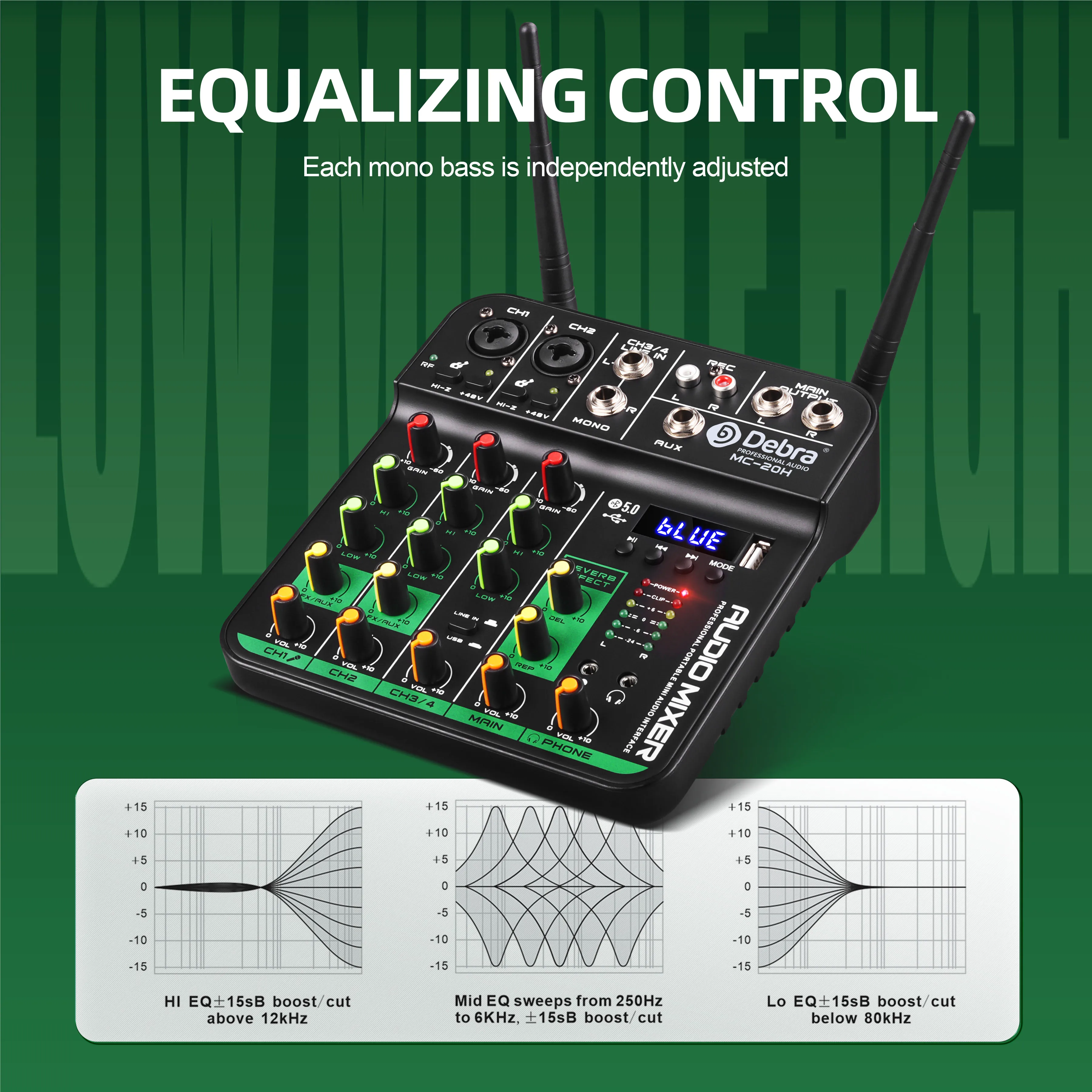 MC-20H Console de mixagem de áudio de 4 canais Mini USB DJ Mixer com microfone sem fio Função de mixagem de som e cancelamento de ruído
