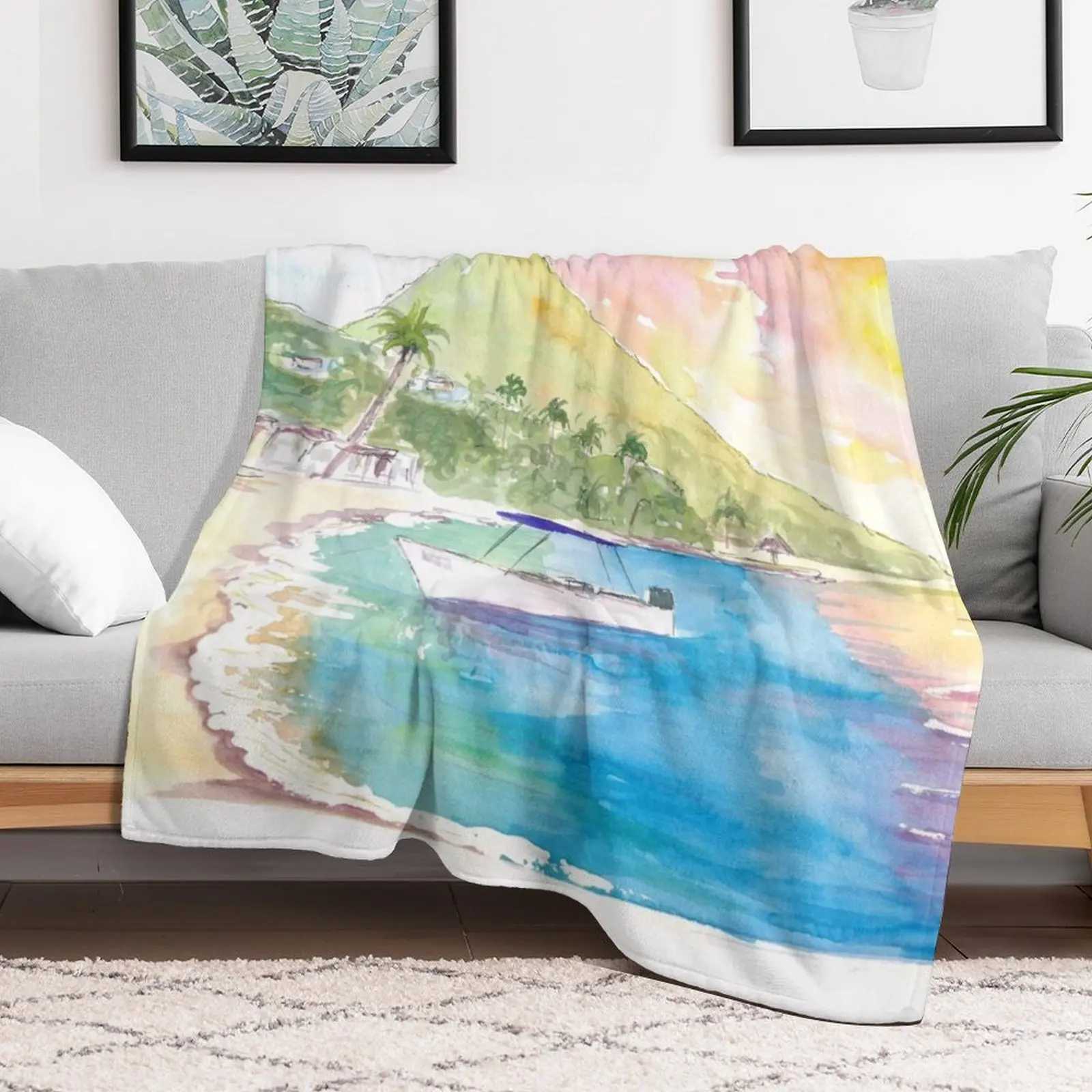 St Lucia Sunset and Amazing Piton Beach Scene Throw Blanket heavy to sleep Softest Heavy Blankets