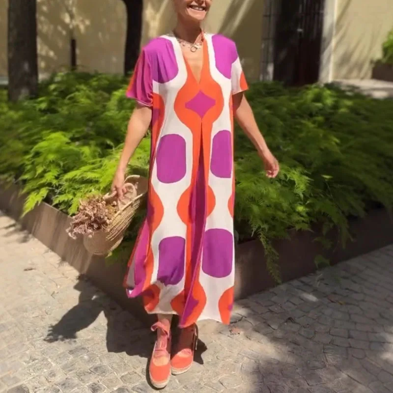 Elegancka Sukienka Szlafrokowa w Stylu Retro z Rozcięciem, Damska Letnia Sukienka z Krótkim Rękawem, Kontrastowa Sukienka w Linii A, Długa Sukienka Boho, Luźna Sukienka z Dekoltem O, Sukienka na Wakacje i Bal