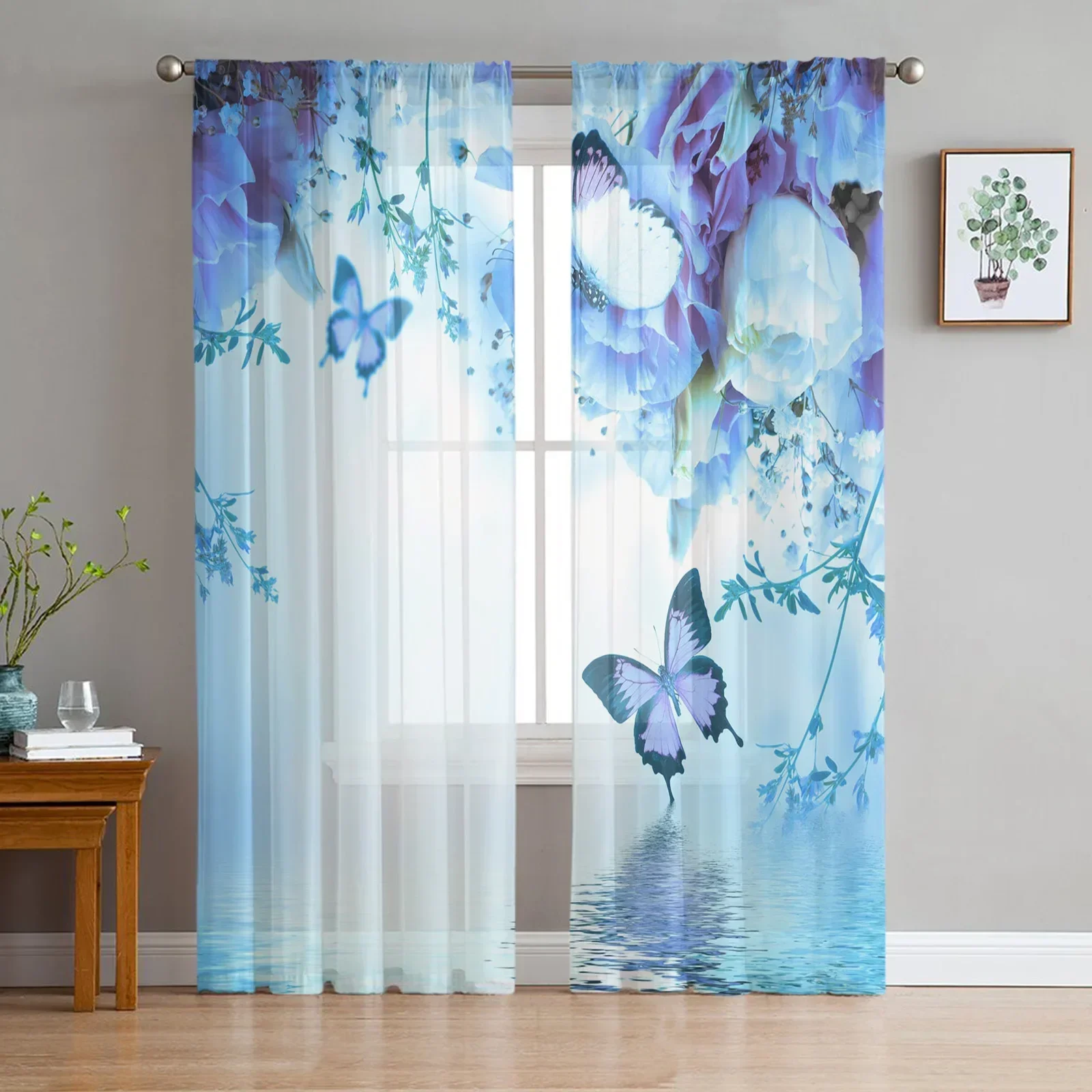 Animal Butterfly Flower Blue Rose Water Waves Tulle Sheer Curtains for Living Room Bedroom Window Curtain Voile Organza Drapes