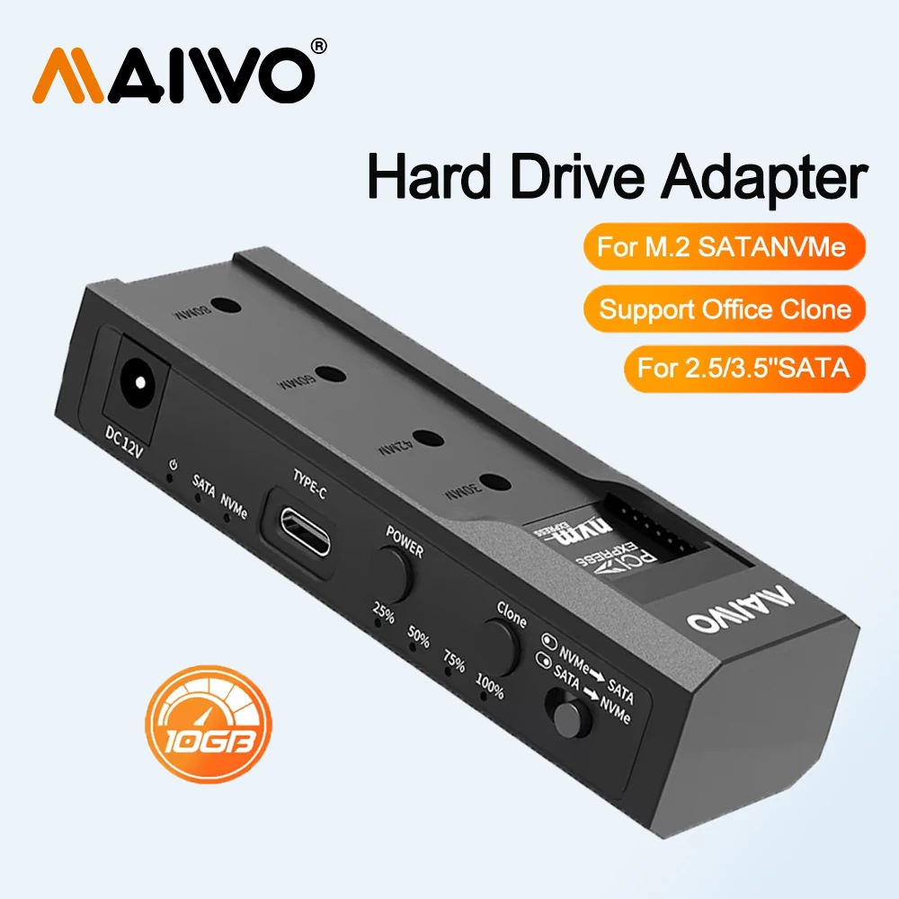 

MAIWO M2 SSD Case M.2 NVMe SATA SSD Enclosure Case Adapter with Office Clone 10Gbps Type-C 2.5 3.5 Inch Supports M and B&M Keys