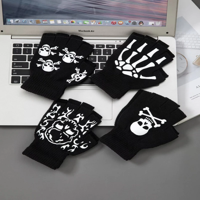 1-4pair New Kids Halloween Skeleton Skull Half Finger Luminous Punk Gloves Winter Skull Fingerless Black Mitten Punk Gloves