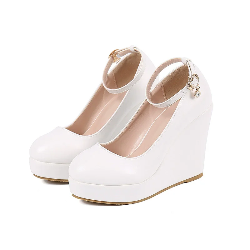 

Spring new round toe shallow mouth snake print PU waterproof platform shoes banquet large-size wedge heel high-heeled women shoe