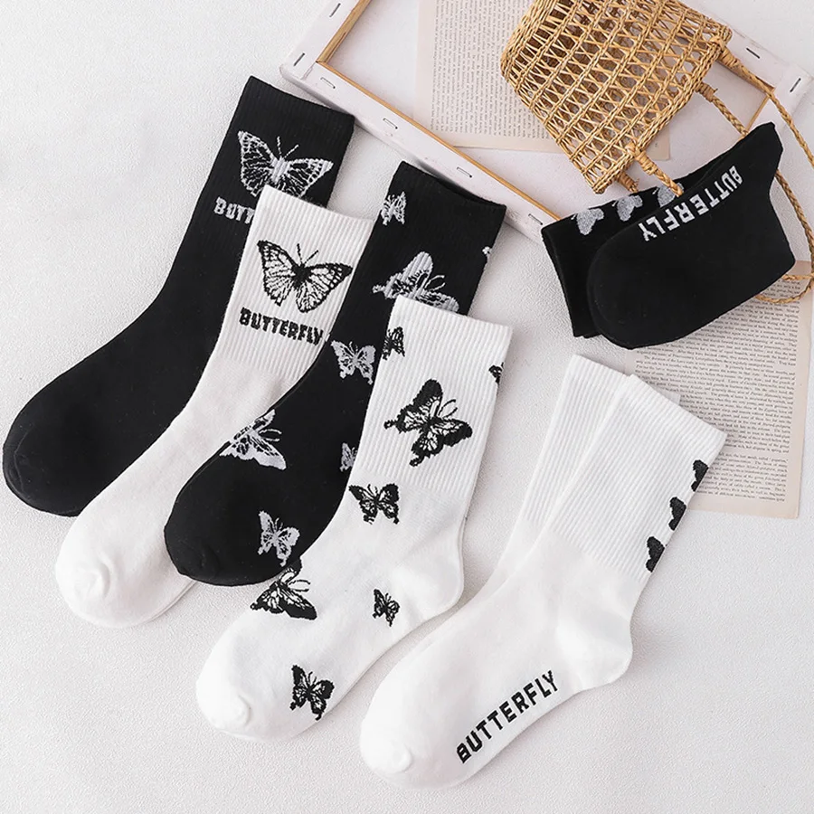 3 Pairs/Lot Cute Socks Women Black White Butterfly Colorful Long Cotton Casual Funny Cartoon Middle Tube Sock Girls Gift