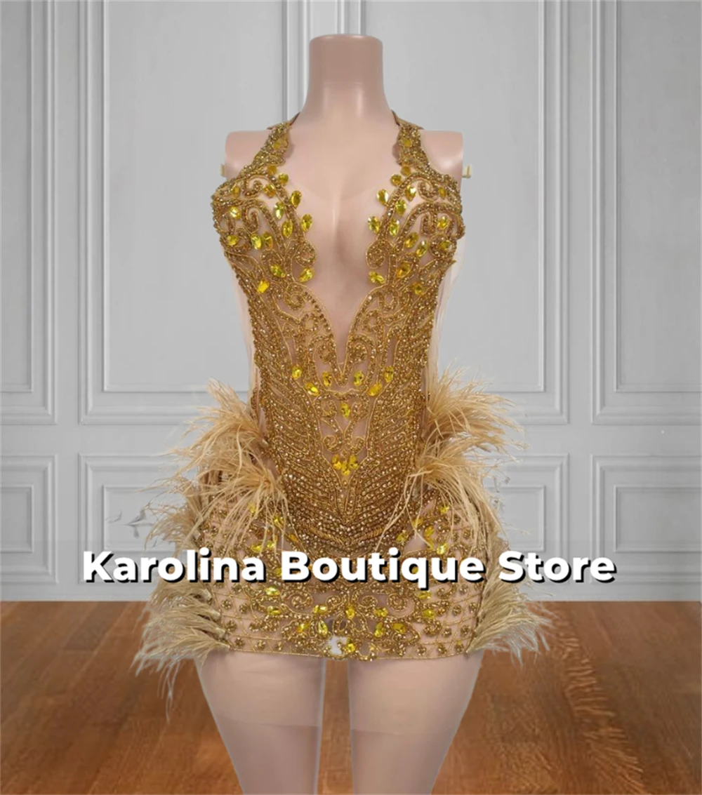 Exquisite Gold Feather Mini Cocktail Prom Dresses Black Girl Bead Crystal 2024 Birthday Luxury Dress Celebration Gown Customized image 2