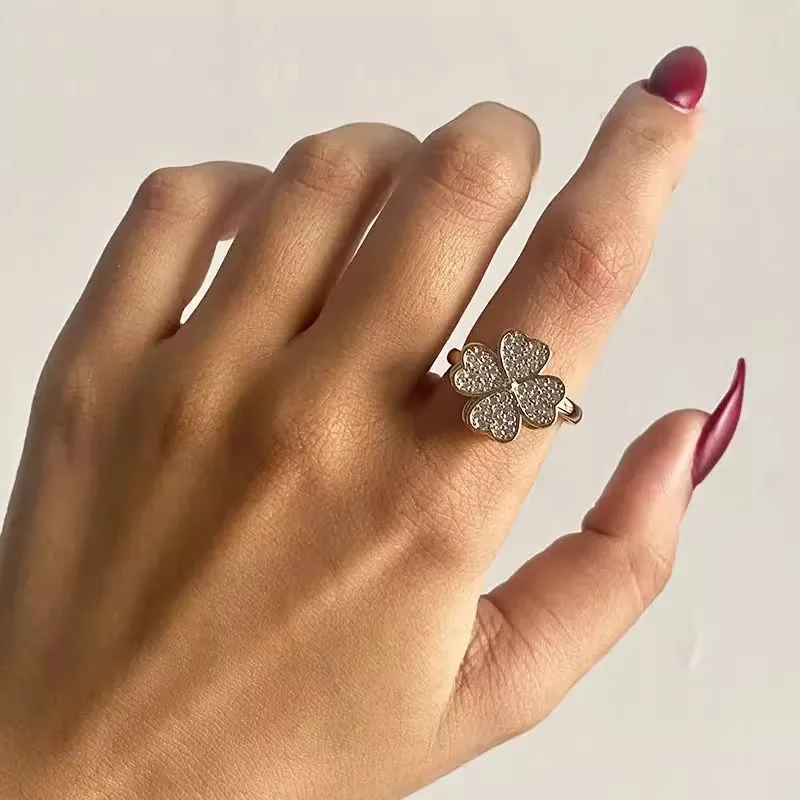 Four-leaf Clover Full Cubic Zirconia Rotatable Opening Adjustable Rings Women Gold Silver Color Copper Metal Ring Party Jewelry image 5