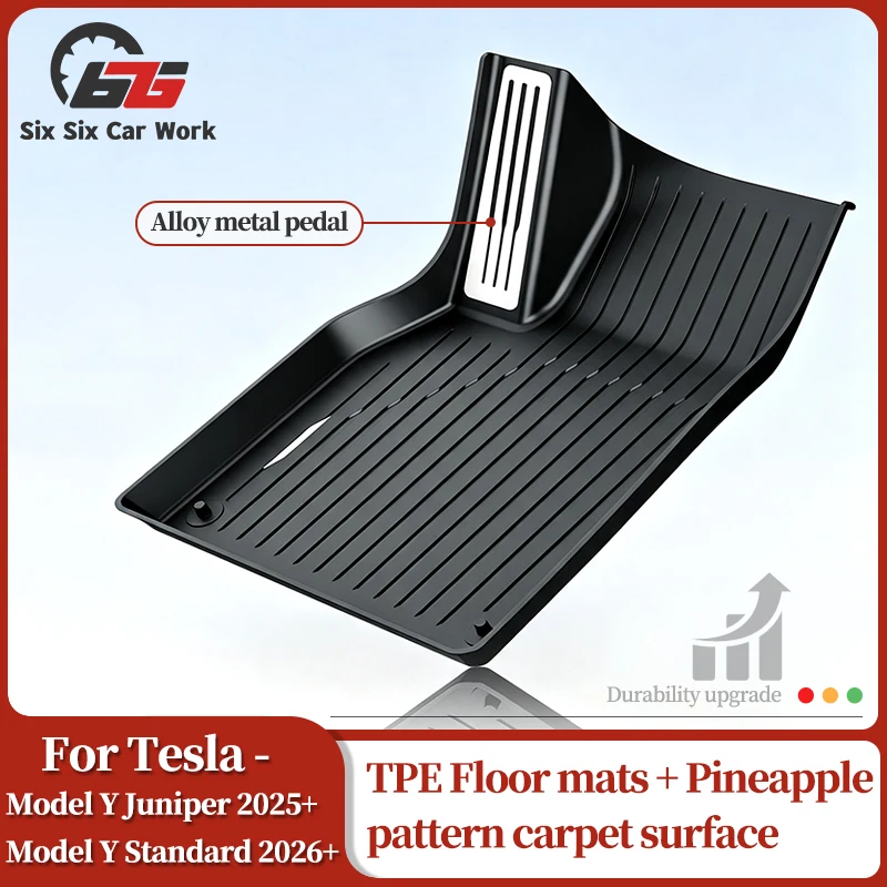 For Tesla Model Y Juniper 2025+ and Standard 2026+ TPE Floor Mats + Pineapple Pattern Carpet Surface Protective Foot Pads