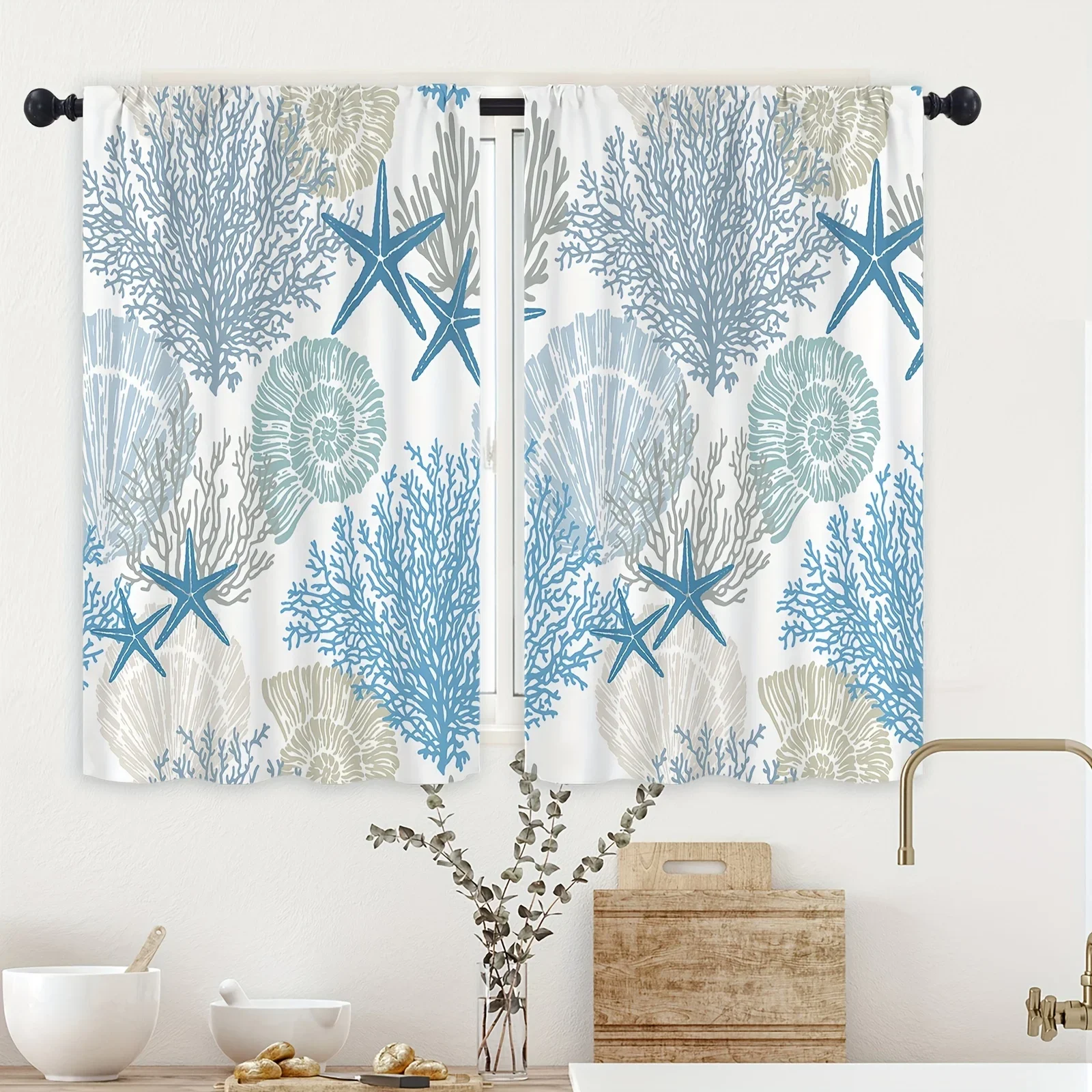 

2 Panel Coastal Starfish Curtains, Nautical Beach Sea Shells Satrfish Window Treatment Blackout Curtain for Living Room,Bedroom