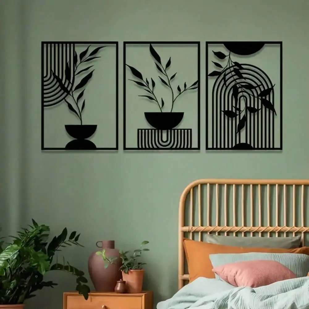 

Настенное искусство из 3 предметов, черный металл, абстрактная линия, дизайн, минималистичный железный декор в стиле бохо для гостиной, спальни, дома, на открытом воздухе