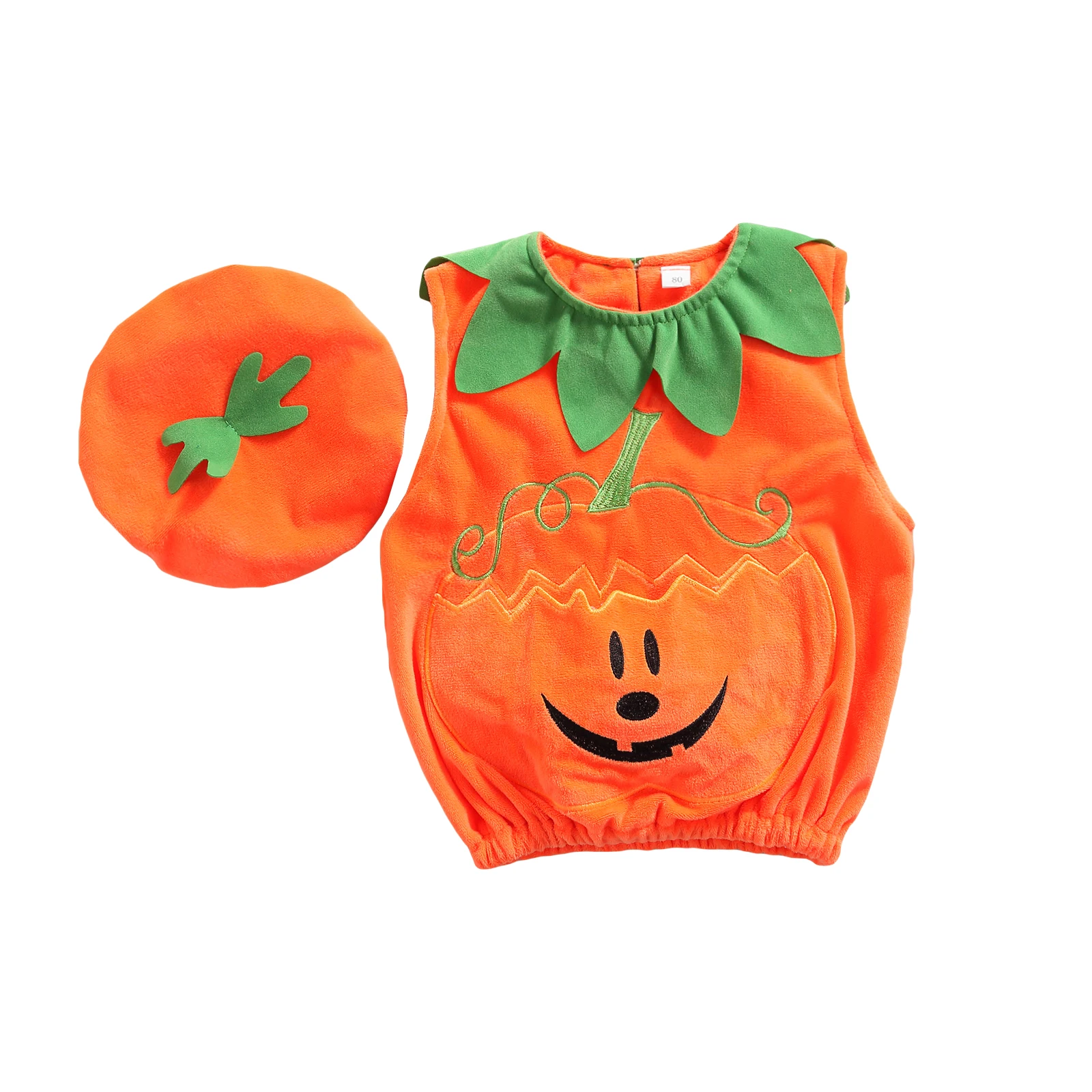 

Babies Halloween Two-piece Clothes Set Orange Pumpkin Embroidery Pattern Sleeveless Tops and Cap