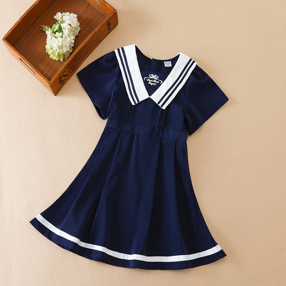 Girls' Short-Sleeved Summer Dress for 5-12 Years Preppy College Style Striped Collar Dresses Back to School Clothes