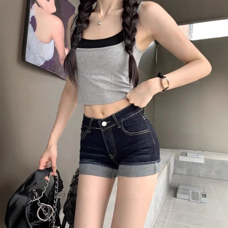 

2026 New American Retro Hot Girl Style High Waist Deep Blue Denim Short Pants Women Summer Slim Fit Cuffed Hot Pants