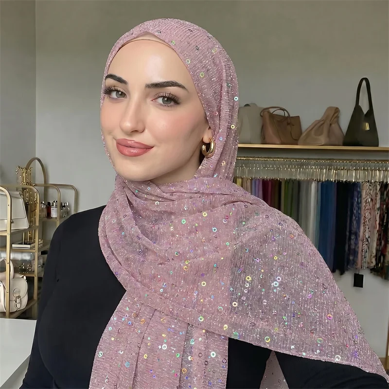 Glitter Iridescent Sequin Polyester Hijab Soft Crinkle Muslim Head Wrap Shimmer Scarf Women Formal Wedding Party Outfit