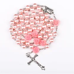 6MM Pink Rosary Necklace For Women Rose Glass Beads Chain Crucifix Cross INRI Pendant Men Religious Prayer Long Jewelry