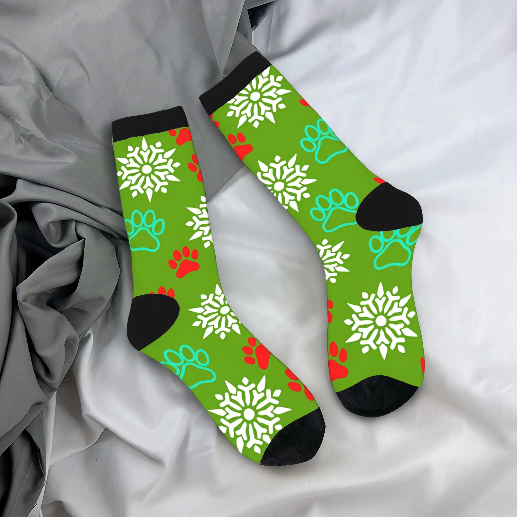 Autumn Winter Colorful Women Men Christmas Snowflakes and Paws Aqua and Red on Green Socks  Non-slip Sports Socks