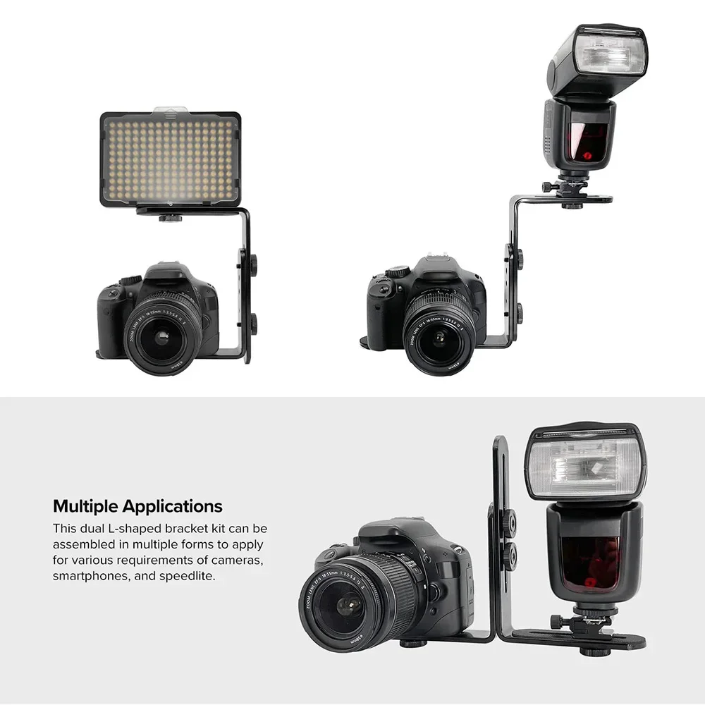 DSLR Camera Flash Dual L Shape Bracket, SLR/Phone/Speedlite/Tripod Holder Mount, Photo Studio Accessories