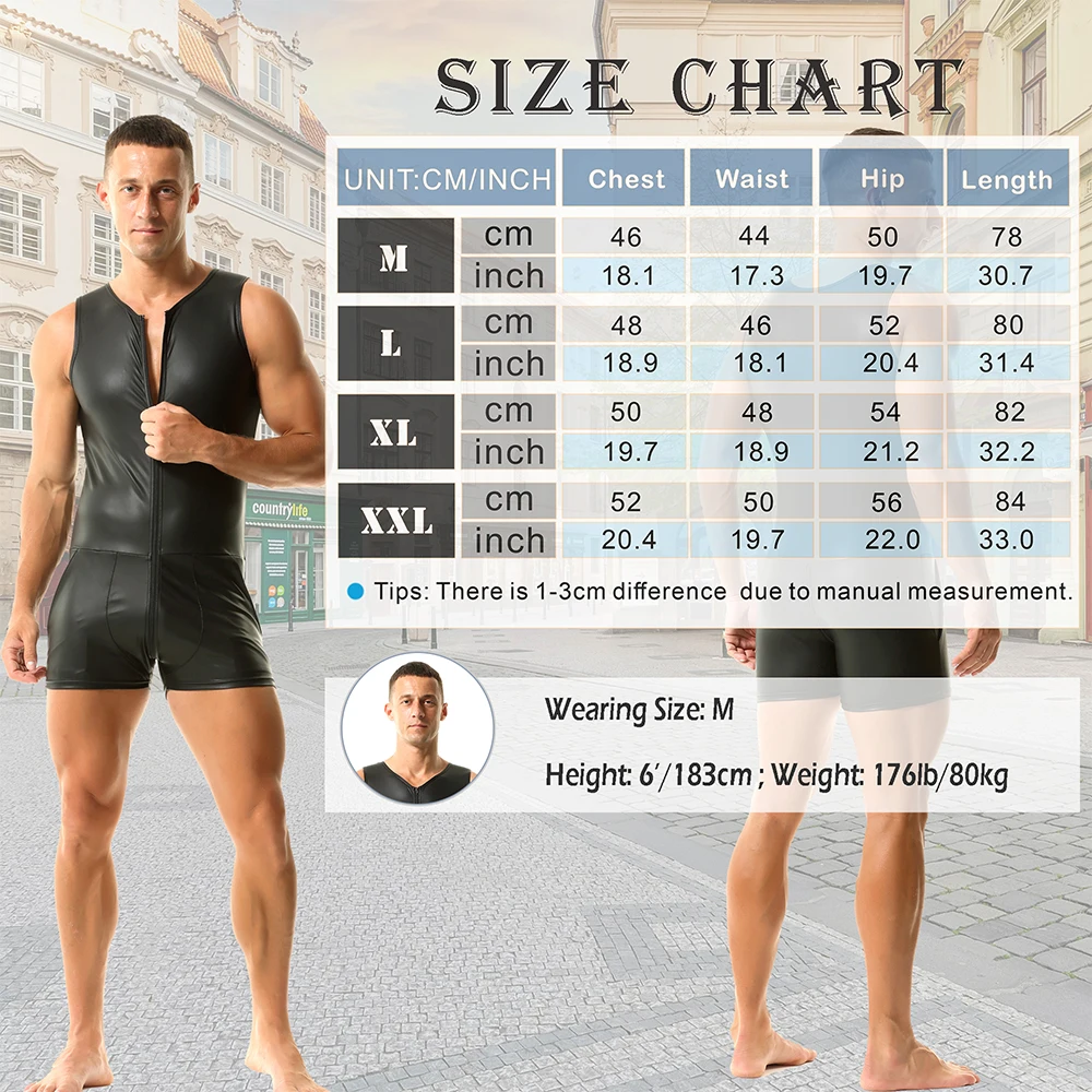 Men Sexy Zipper Open Crotch Leather Bodysuit Sheath Bodycon Man Jumpsuit Pajamas Solid Color Leather Sexy Zipper Vest Bodysuit