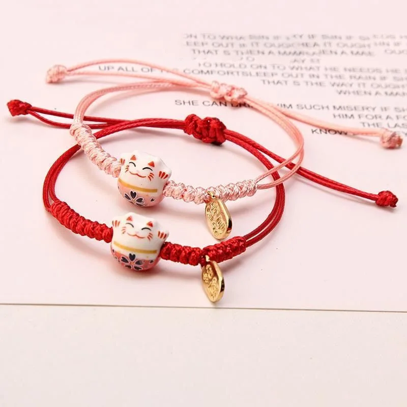 Simples Cerâmica Gato Sorte Pulseira Trançada para Mulheres, Gatinho Animal Bonito, Pulseiras Ajustáveis Tecidas à Mão, Jóias para Festa Harajuku, Presente