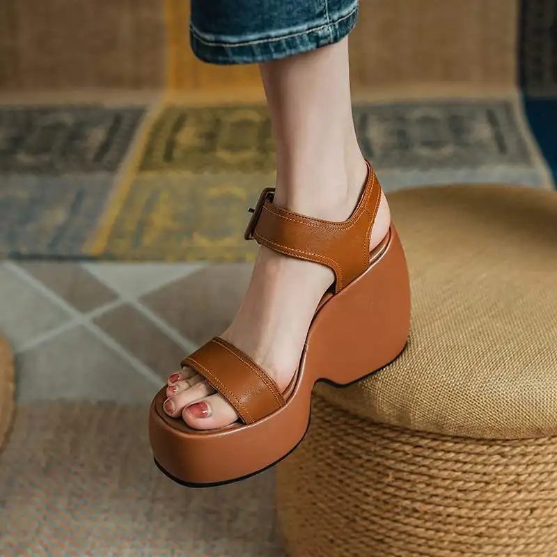 Krazing Pot 2024 Comfort Sheepskin Superstar High Thick Bottom Summer Shoes Casual Slingback Luxury Brand Platform Women Sandals