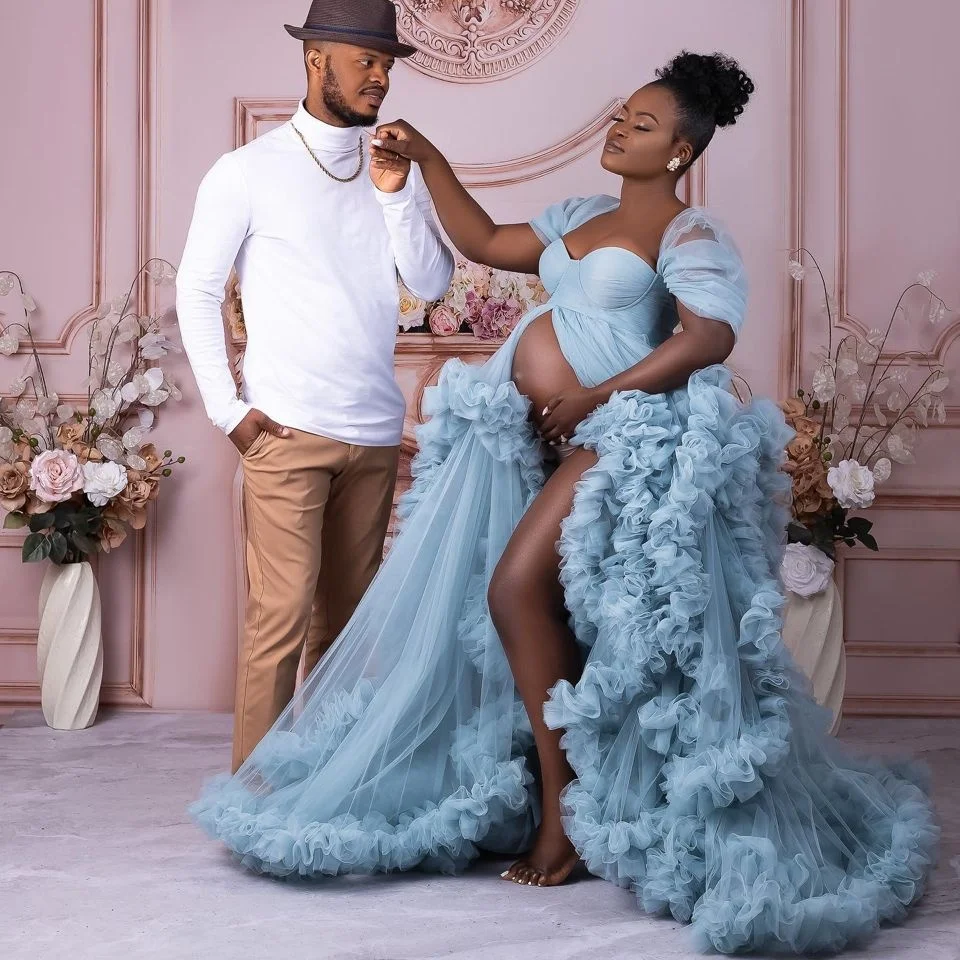 African Blue พรหมชุด Sweetheart Baby Shower ชุด Tulle Vestido De Novia หมวกคลอดบุตรถ่ายภาพชุด