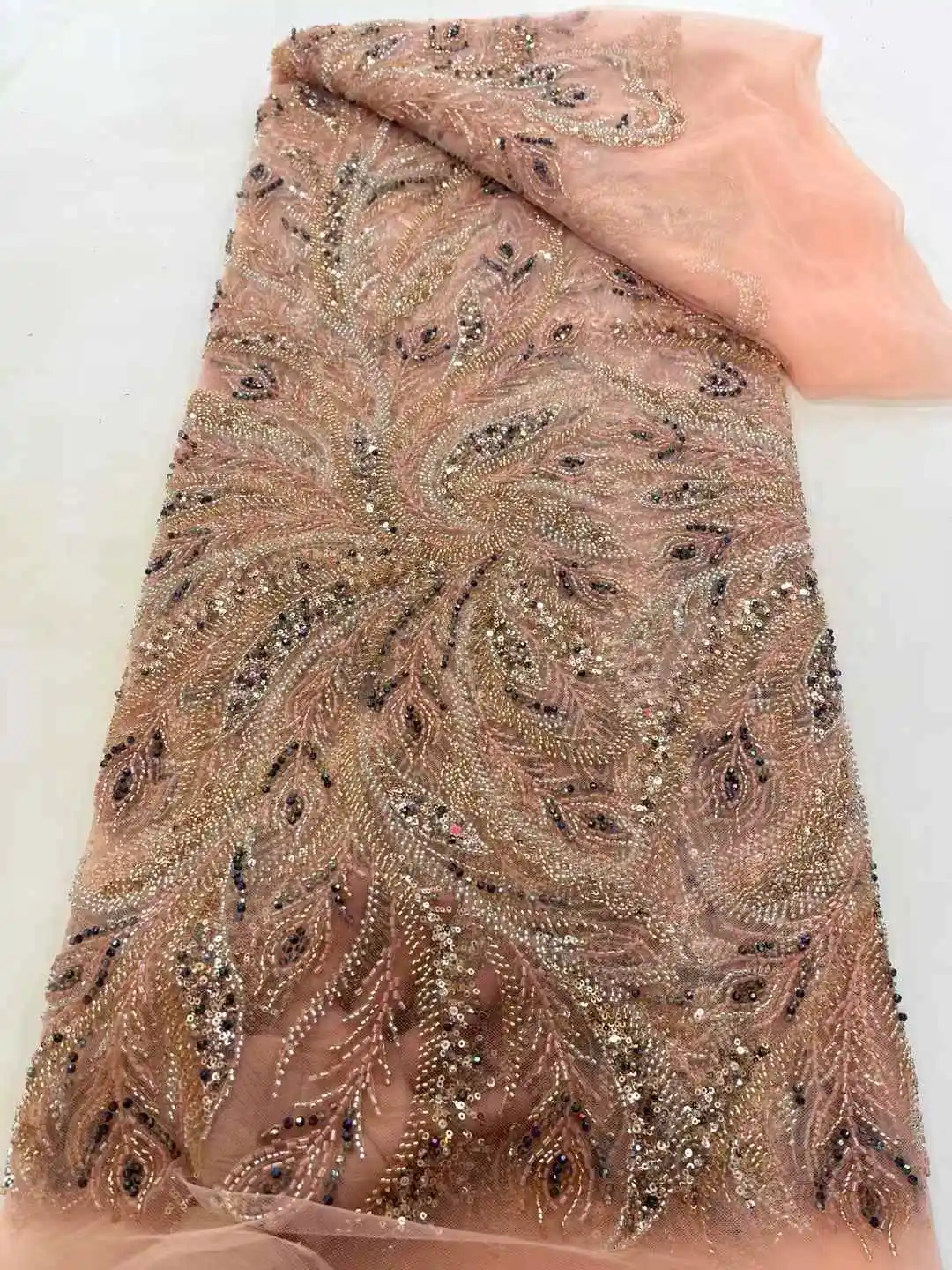 Latest African Heavy Handmade Beaded Tulle Lace Fabric 2025 Nigerian French Sequins Net Lace Fabric For Wedding Party Dresses