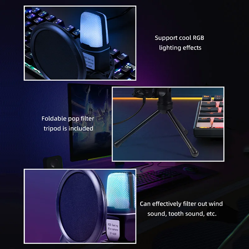 ميكروفون RGB مع تقليل الضوضاء ، USB ، ميكروفون سلكي ، ميكروفون ألعاب للبودكاست ، تسجيل ، تدفق استوديو ، كمبيوتر محمول ، كمبيوتر مكتبي ، كمبيوتر شخصي