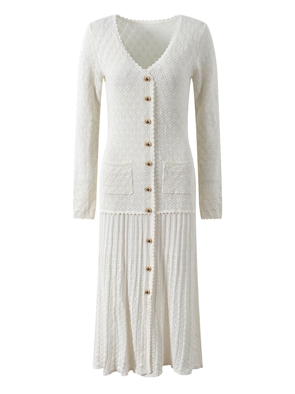 

Ele White Hollow out Knitted Dr V-Ne Single Button Slimming Faionable Autumn New Arrival Fairy Sle High Waist