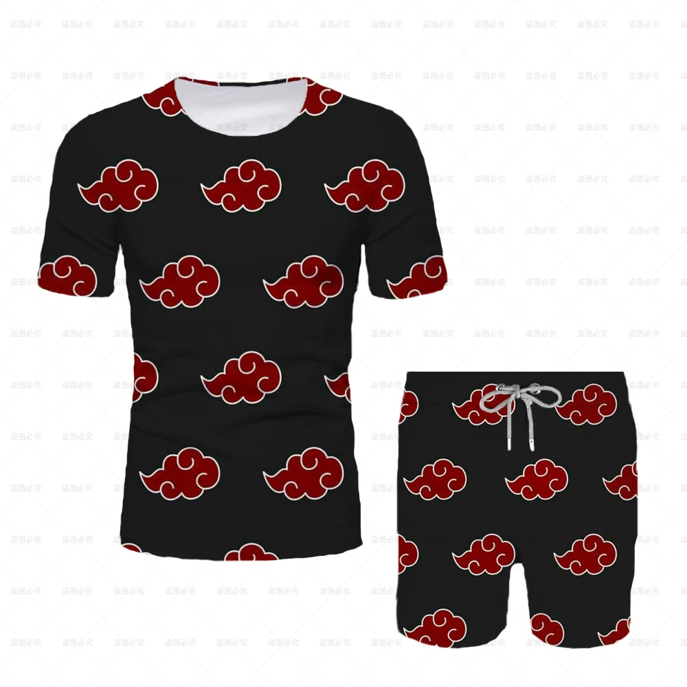 

New 2025 Japanese Cartoon Naruto Adult T-shirt Top T-shirt Shorts Two-piece Set Summer Boy Cartoon Cute T-shirt+beach Pants