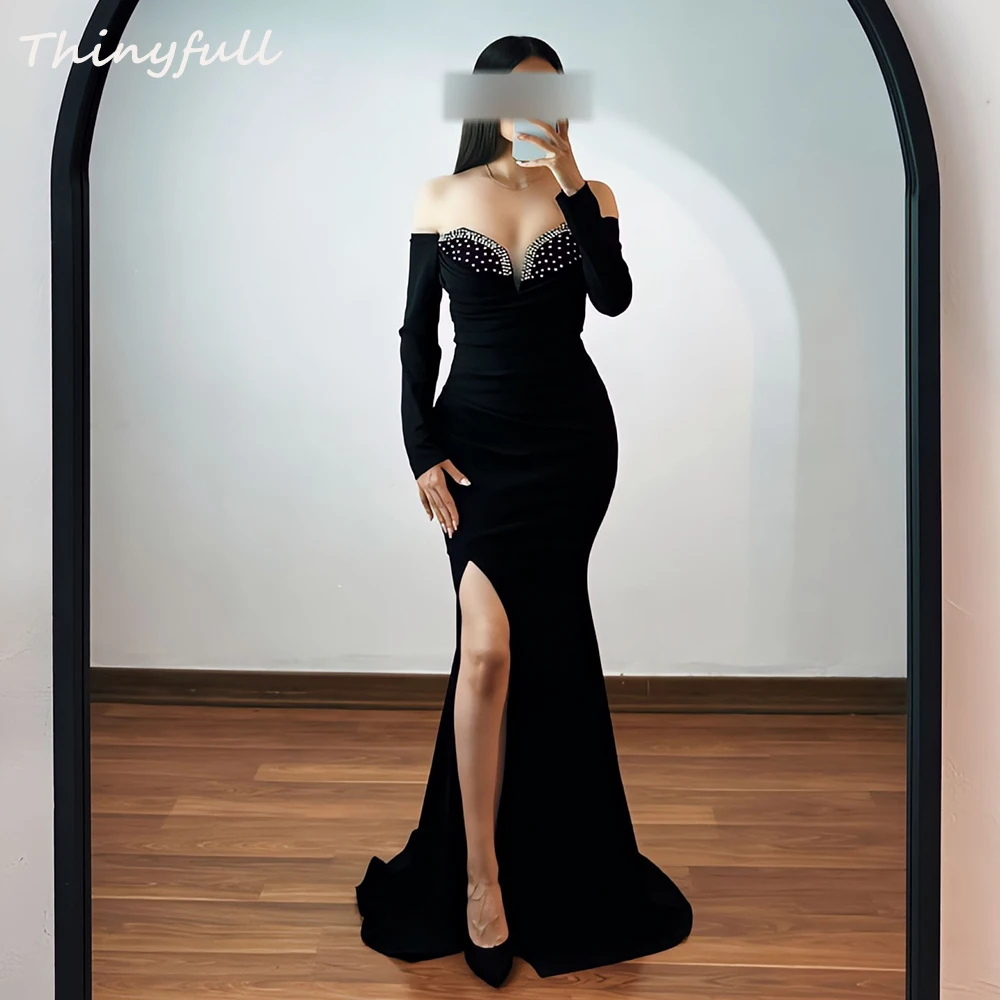 

Thinyfull Mermaid Satin Prom Dresses Sweetheart Off Shoulder Crystal Evening Dress Side Split Formal Occasion Gown Customized